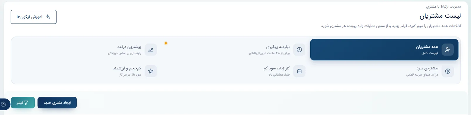 نماهای واقعی تحلیل مشتریان بر اساس درآمد، سود و حجم کار در CRM سپند