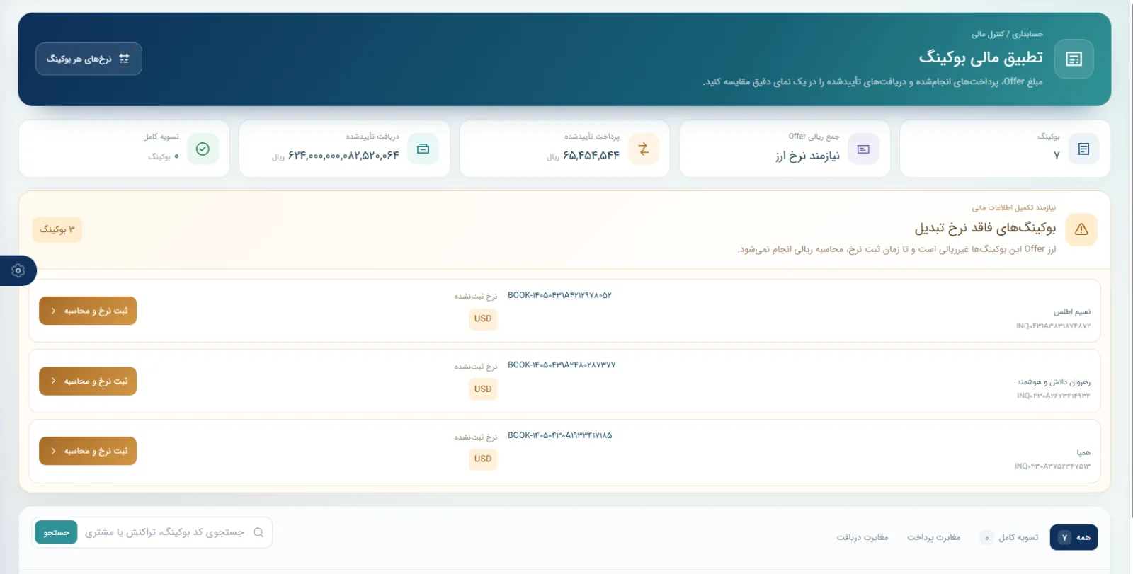 نمای واقعی تطبیق مالی Booking و کنترل نرخ تبدیل در سپند