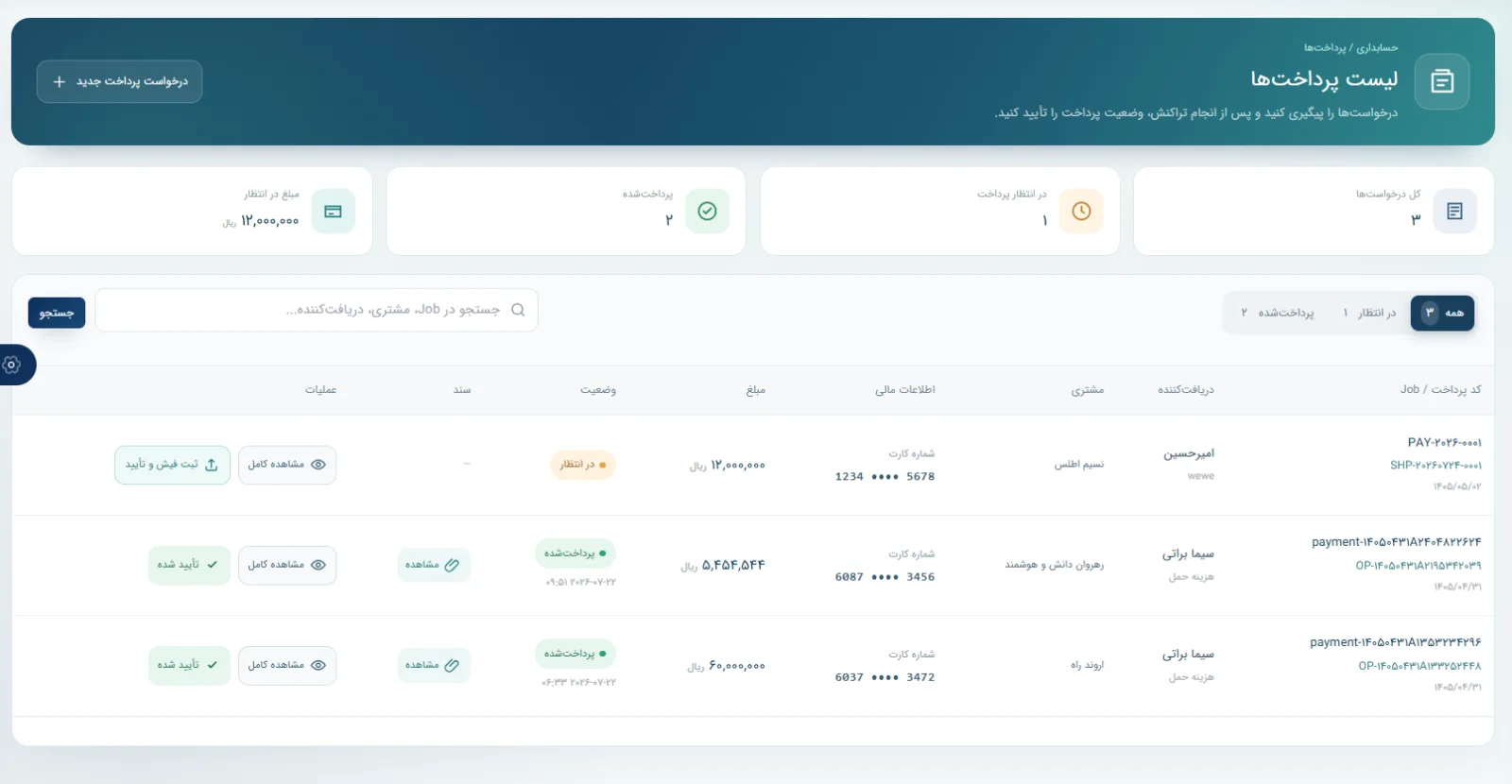 فهرست واقعی درخواست‌های پرداخت و وضعیت تأیید در سپند